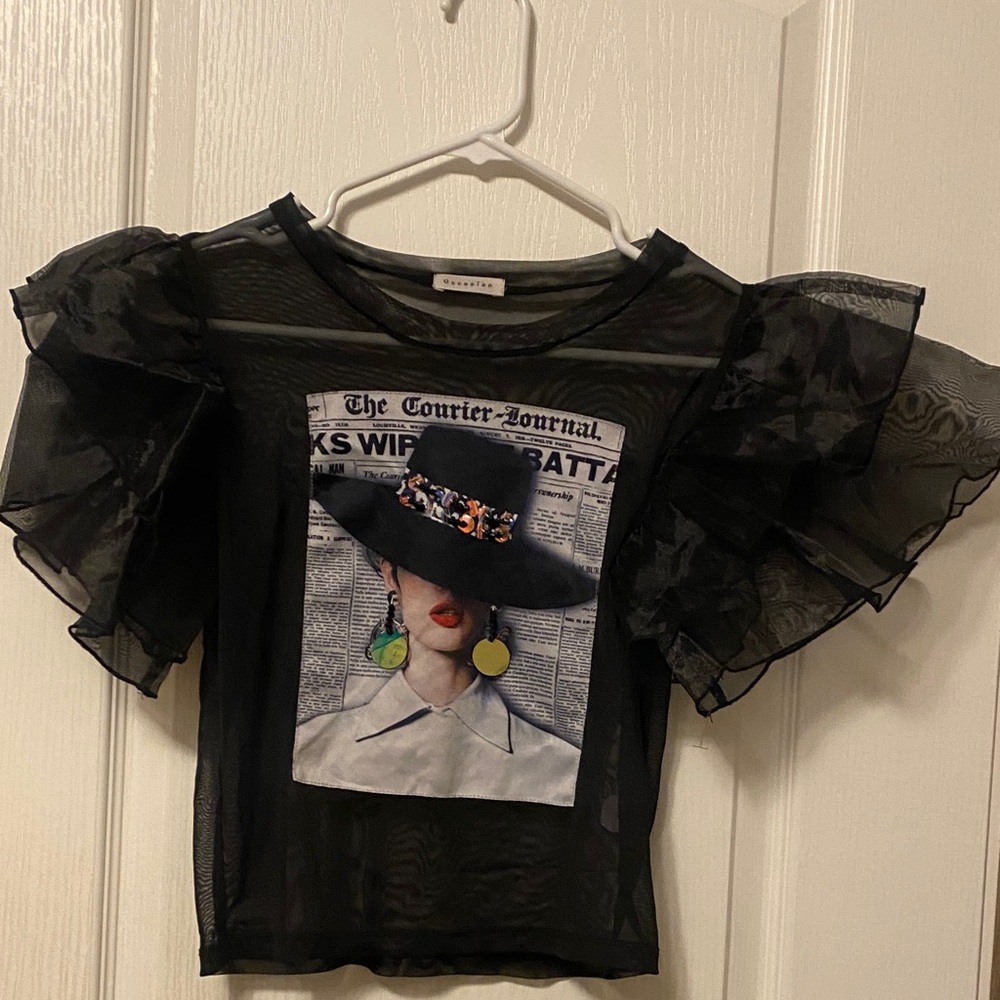 Occasion Black Sheer Ruffle Sleeve Graphic Top